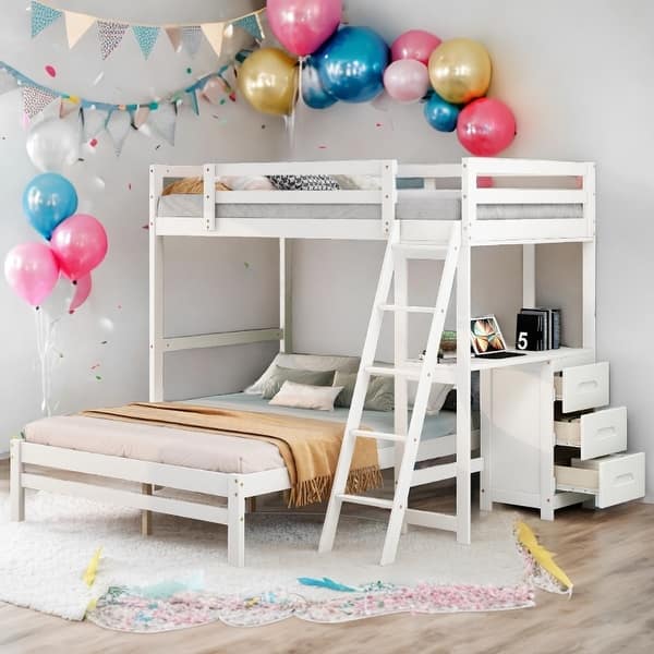 slide 2 of 45, Twin over Full Bunk Bed with Built-in Desk and Three Drawers,Multifunctional Loft Bunk Bed With Storage White