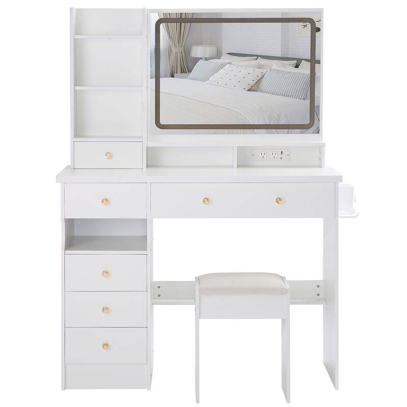 Vanity Desk with Touch Control LED Mirror, Makeup Vanity Set with Cushioned Stool, Makeup Table with Power Station