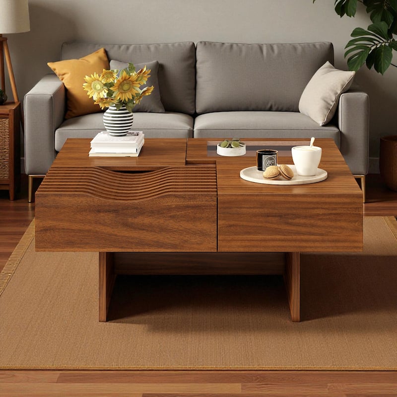 33'' Mid-Century Modern Square Coffee Table with 3 Drawers, Tempered Glass Top, Solid Wood Legs for Living Room
