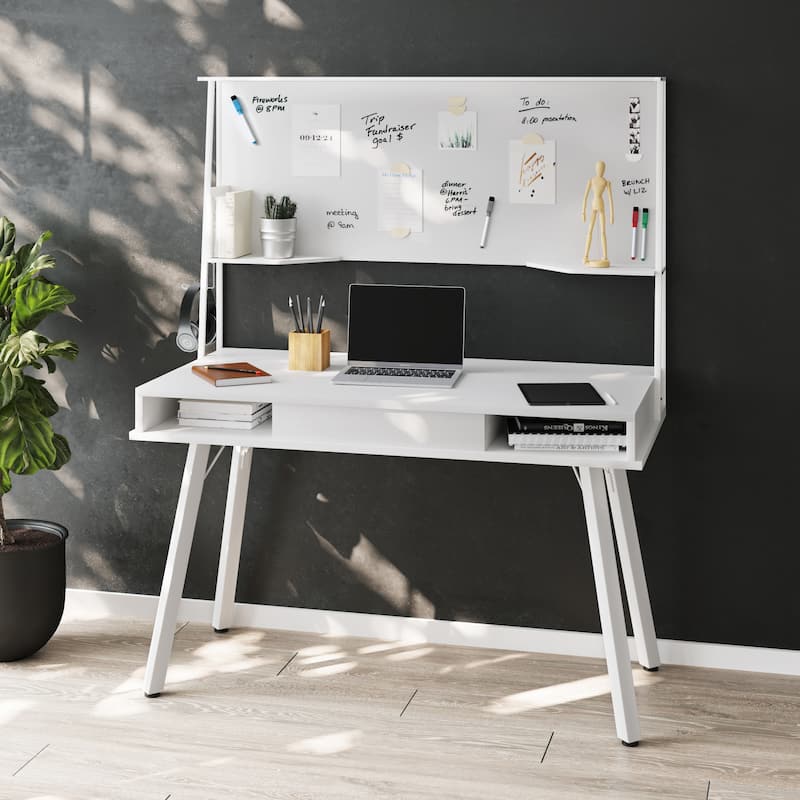 Study Computer Desk with Storage & Magnetic Dry Erase White Board, White On-Site - White