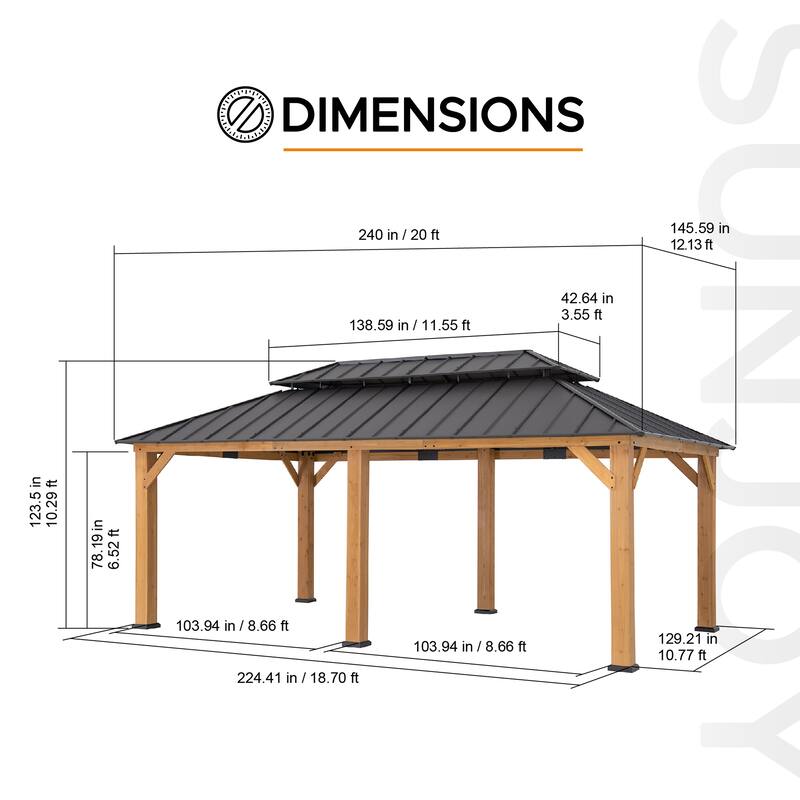 Sunjoy Outdoor Cedar Wood Frame Patio Gazebo Steel Hardtop