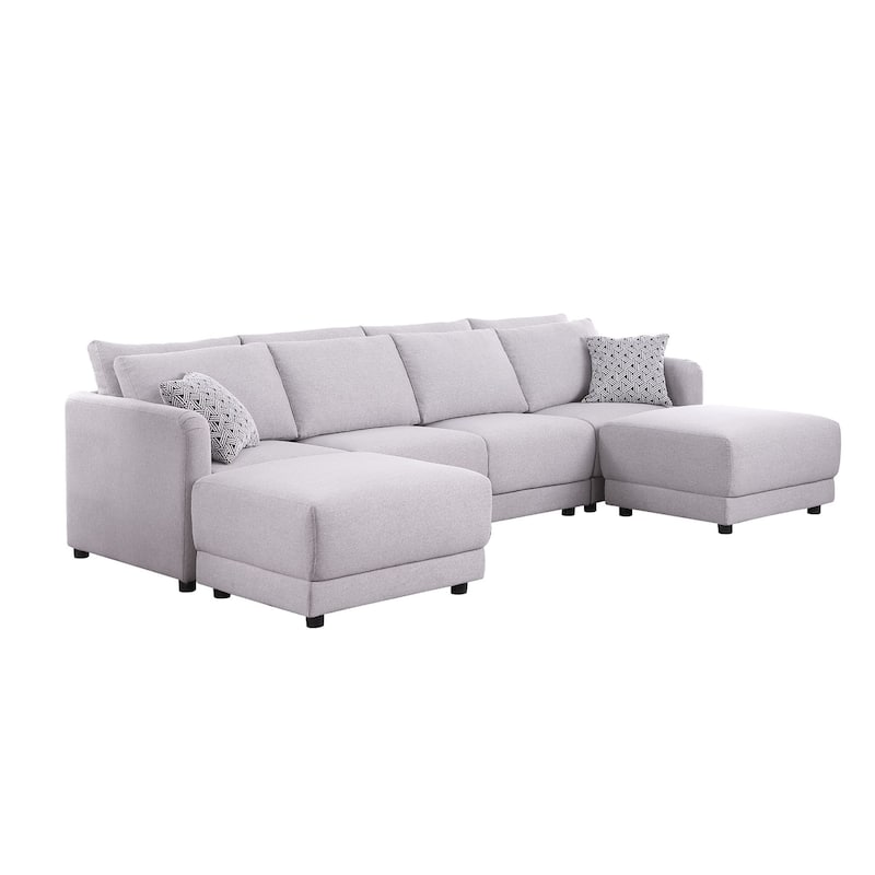 Linen Upholstered 4-Seater Sofa with 2 Ottomans in Light Gray