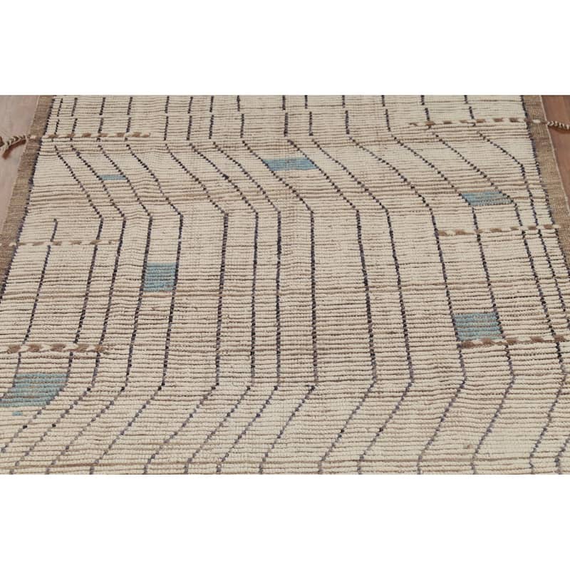 Beige Moroccan Striped Rug Hand-Knotted Wool Carpet - 5'8"x 9'11"