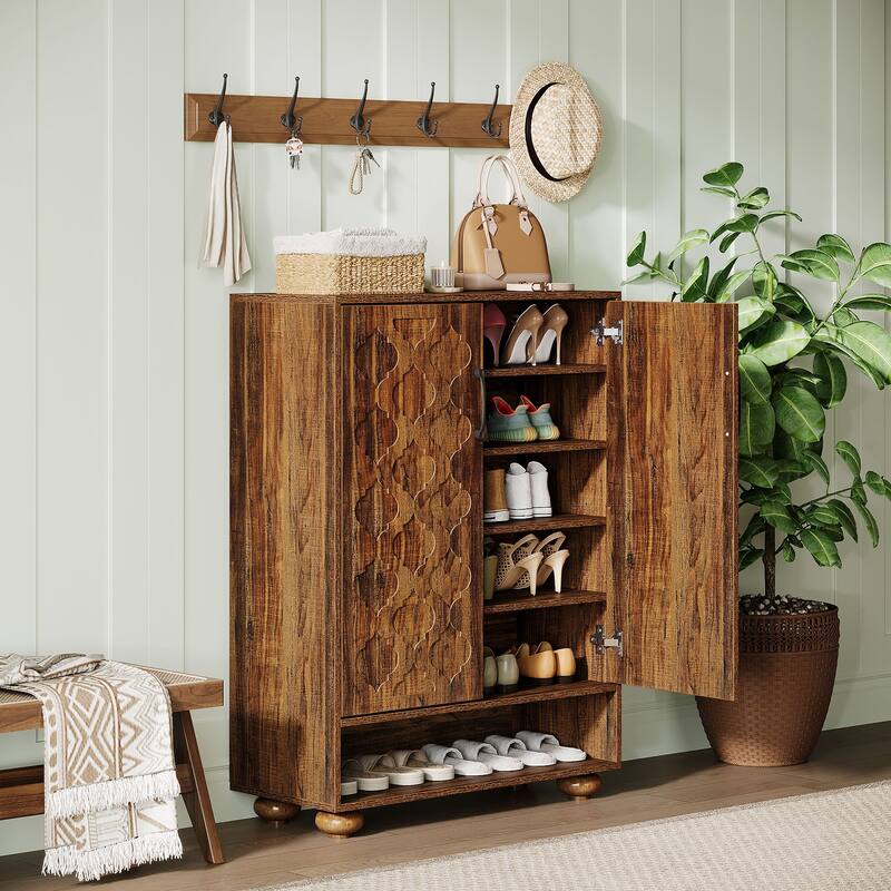 6-Tier Shoe Cabinet with Doors, Adjustable Shoe Rack with Solid Wood Feet