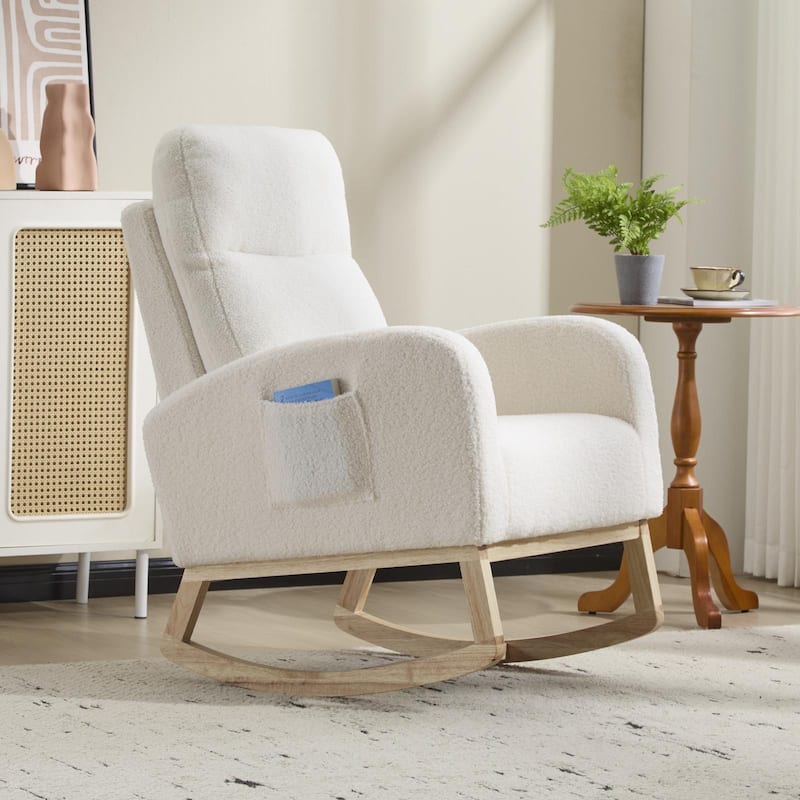 Solid Wood Modern Rocking Chair with High Back and Pocket - 29.5" D x 24.8" W x 40.9" H - White