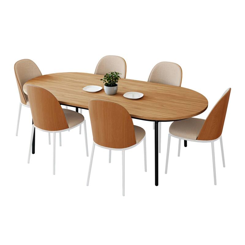 7-Piece Dining Set in White Steel Tule Collection by LeisureMod - Natural Wood/Brown