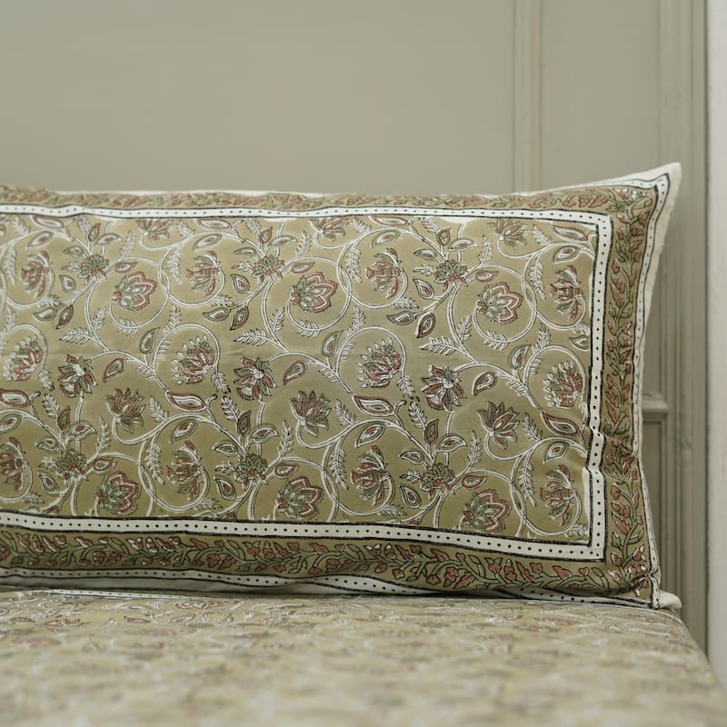 Fabdivine Cotton Hand Block Floral Flat Sheet Bed Room Home Décor Accent Gift - Saraswati- Brown, Olive Green - Twin XL