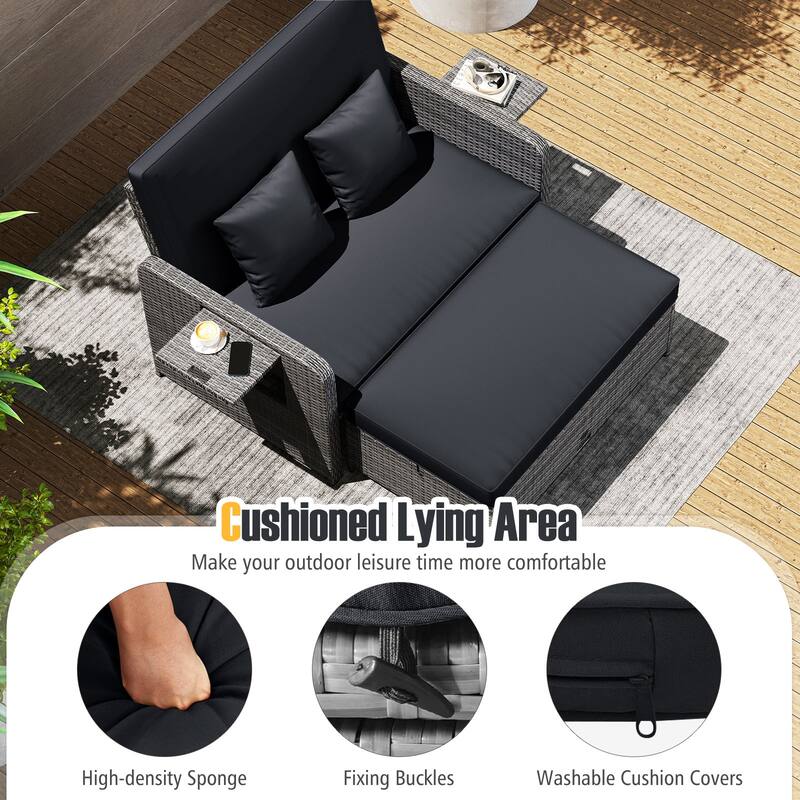Gymax Rattan Daybed Wicker Loveseat Sofa Set w/ Ottoman & Retractable