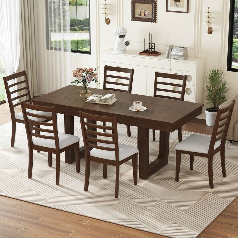 7-Piece Extendable Dining Table Set with 18” Removable Leaf and 6 Upholstered Chairs