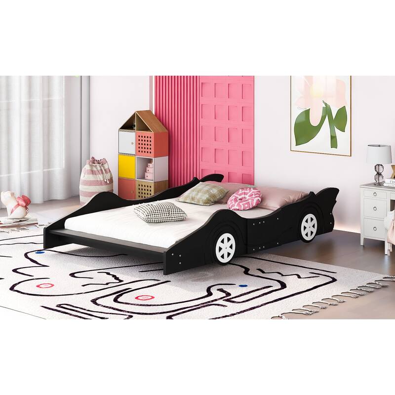 Full Race Car Bed with Wheels, Safety Rails, and Durable Wood Frame