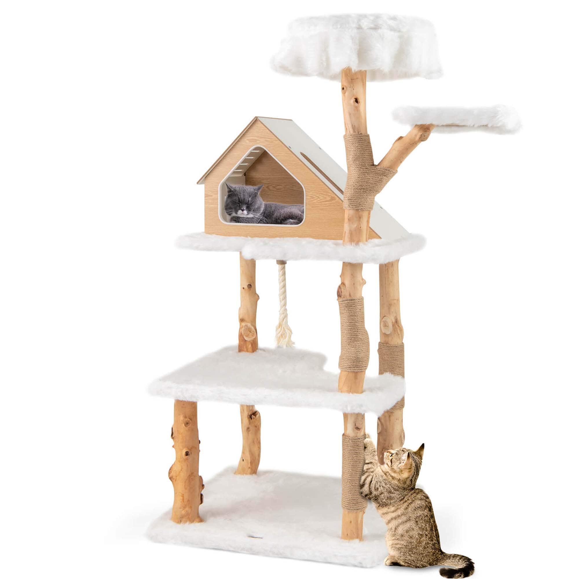 Costway 60" Tall Solid Wood Cat Tree with 2 Perches Condo Jute
