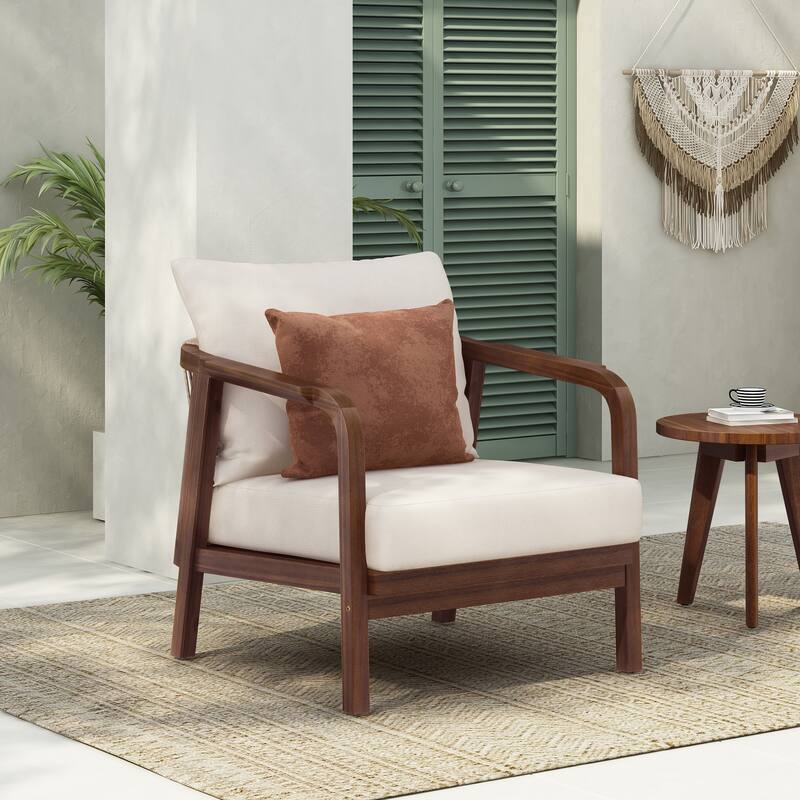 Outdoor Lounge Chair with Woven Backrest, Solid Wood Frame, and Comfortable Cushions for Patio or Garden