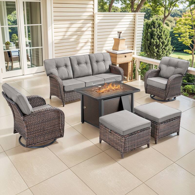 Pocassy Outdoor 43 In Fire Table with Sofa Patio Swivel Chair Set - Brown Wicker Gray Cushion - 8-Piece Sofa Swivel Chair Ottoman with Fire Table