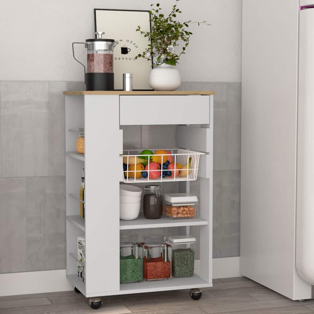 Kitchen Cart, 1 Drawer & 2 Open Shelves, 4 Casters, White & Light Oak - Mobile Storage Rack