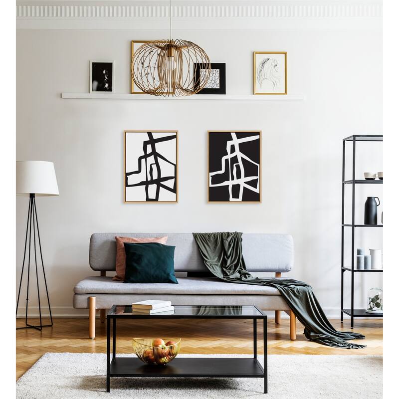 Kate and Laurel Sylvie Bold Sophisticated Abstract Black and White Stroke Framed Canvas Art Set by The Creative Bunch Studio