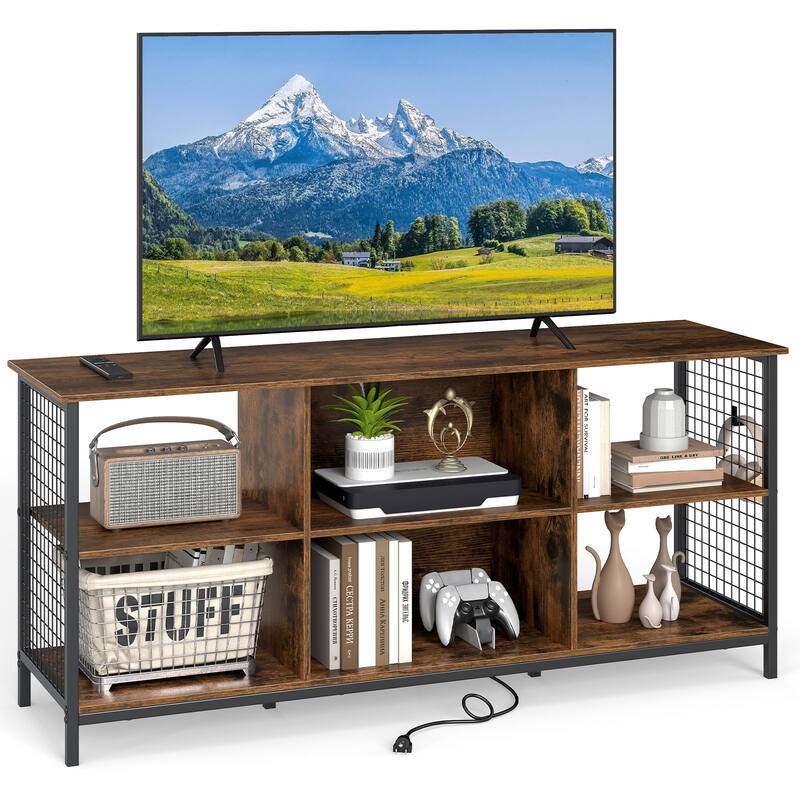 55 Inch Rustic Wood and Metal TV Cabinet with USB Charging and AC Power Outlet 3-Tier Open Storage - 55" x 16" x 25"