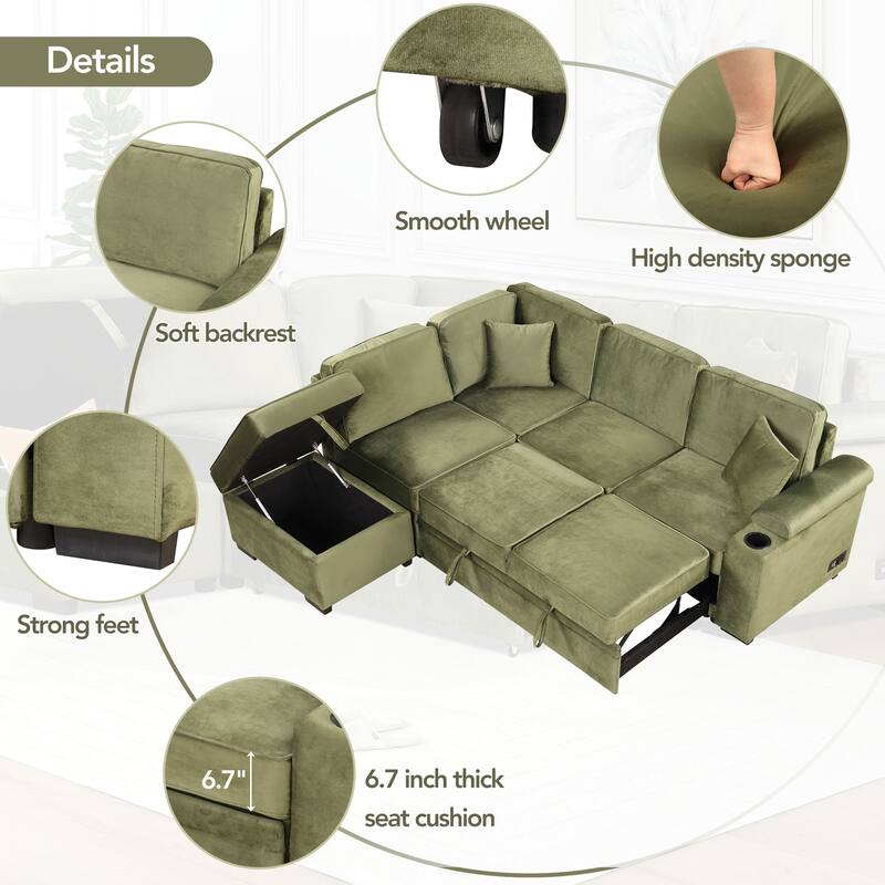 Sleeper Sofa Bed with Storage Ottoman, 2 in 1 Convertible Sectional Sofa Couch, Velvet 4-Seater Sofa with Cup Holder