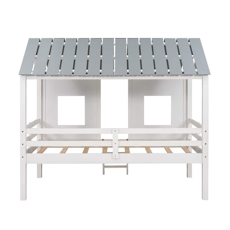 Twin Size Low Loft House Bed With Roof And Two Front Windows , White