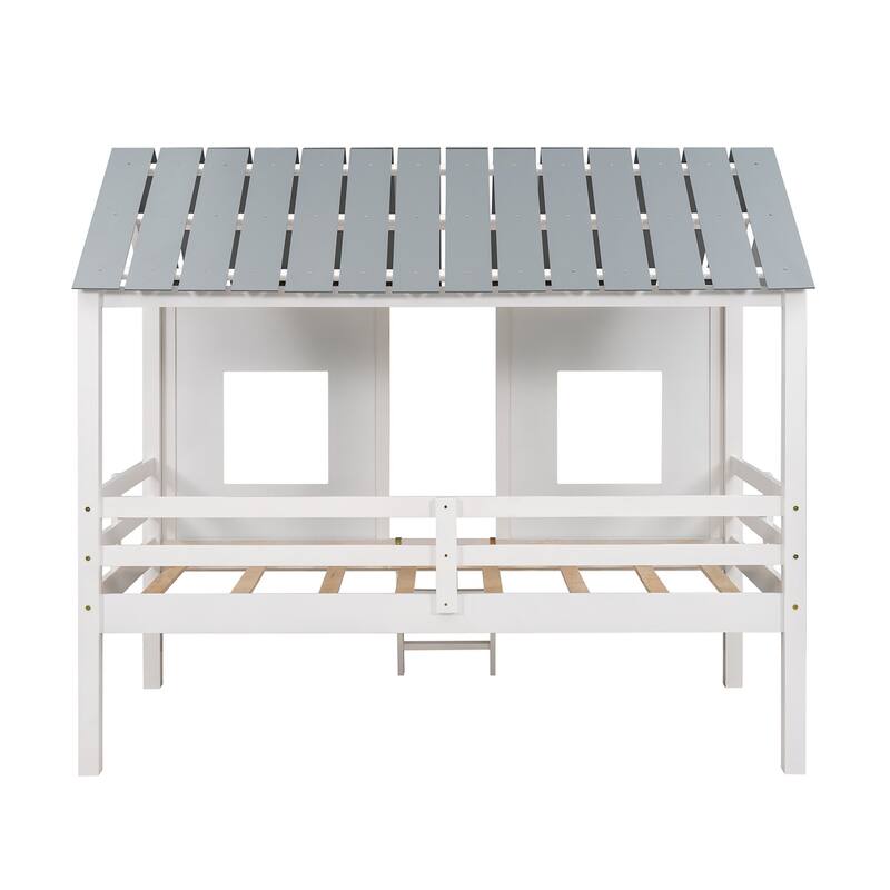 White Twin Size Low Loft House Bed with Roof and Front Windows for Kids