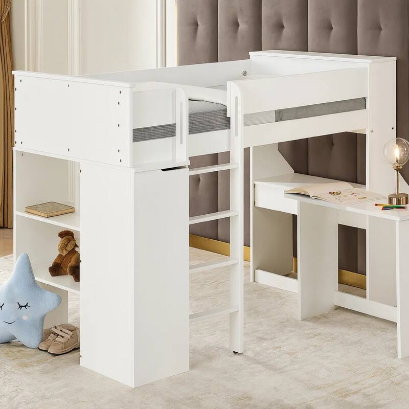 Wooden Twin Size Loft Bunk Bed with Workstation and Ladder, White