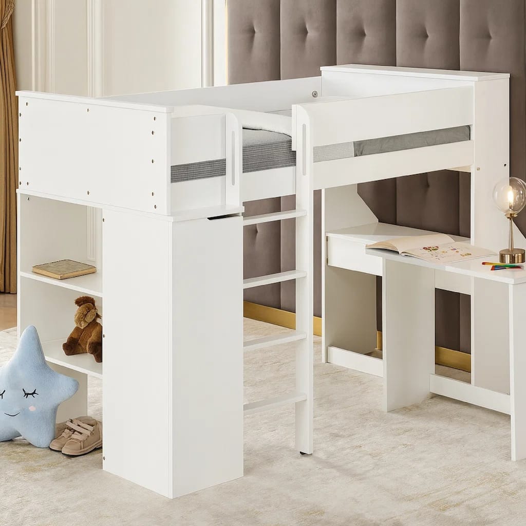 Wooden Twin Size Loft Bunk Bed with Workstation and Ladder, White