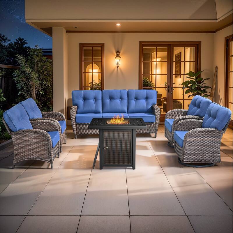 Pocassy Outdoor 30 In Fire Table with Sofa Swivel Patio Chair Set - Brown Wicker Blue Cushion - 6-Piece Sofa Patio Swivel Chair with Fire Table