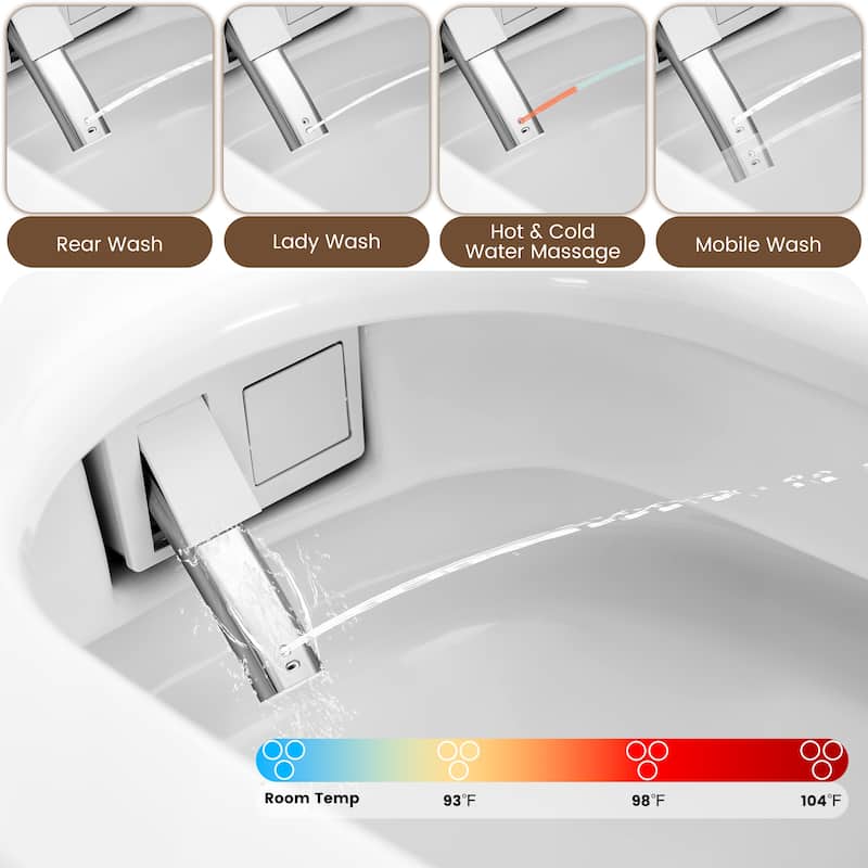 Elongated Smart Bidet Toilet with Foot Sensor, Auto Flush, LED Display, Heated Seat
