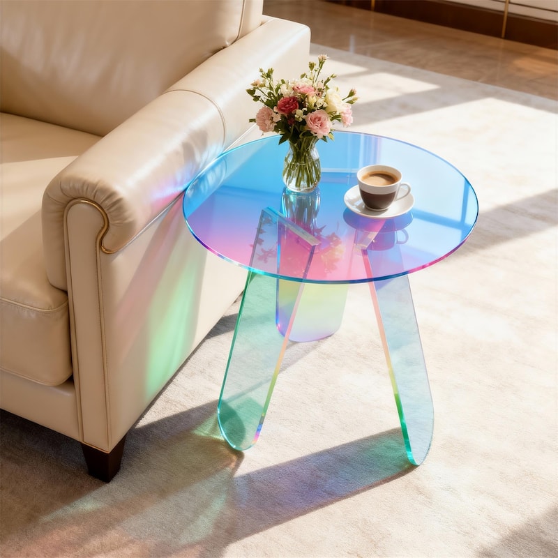Acrylic Coffee Side Table Round Iridescent Rainbow End Table with PVC Table Cover