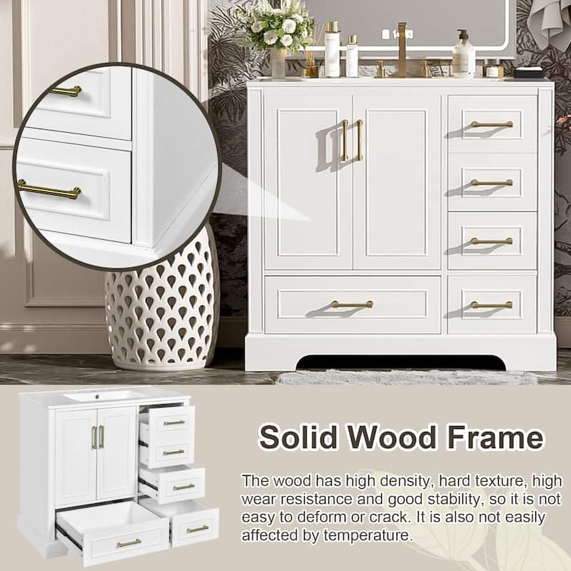 36" Traditional Bathroom Vanity with Ceramics Sink and 4 Drawers