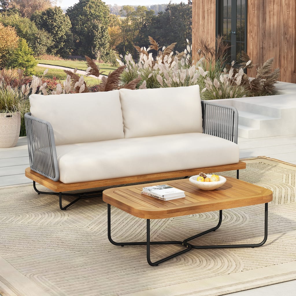 Christopher Knight Home - Evelyn Patio Outdoor Acacia Wood Rope Sofa Set