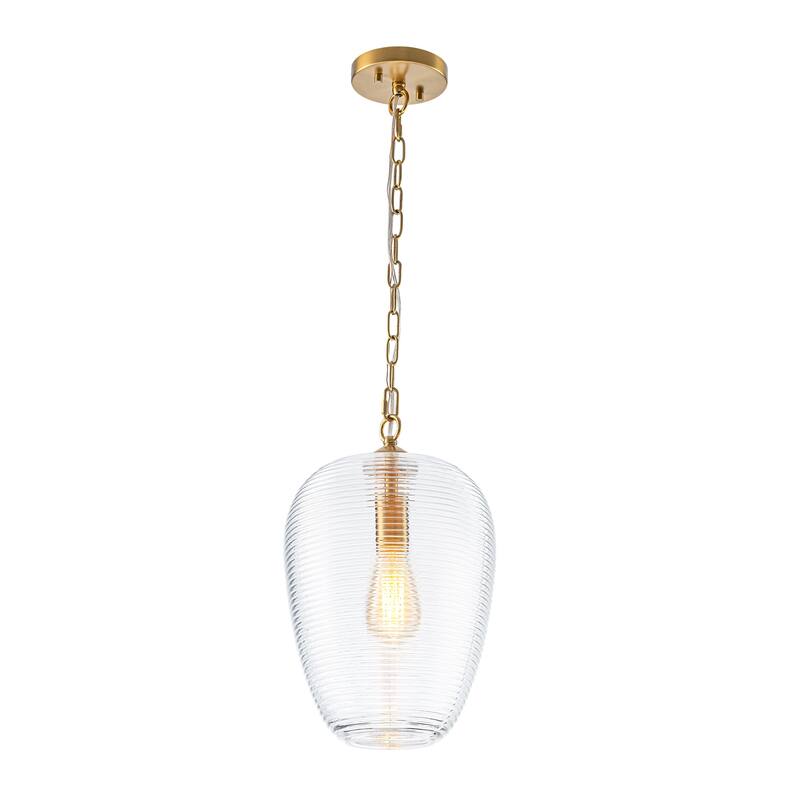 1-Light Modern Brushed Gold/Black Ribbed Clear Glass Dome Pendant Light with Adjustable Hanging Chain