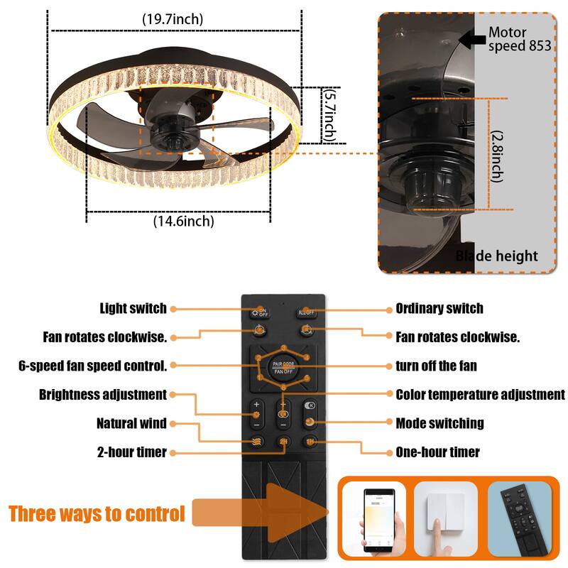 20" Brown Ceiling Fan with LED Light - Modern Flush Mount Fan Light for Bedroom, Living Room