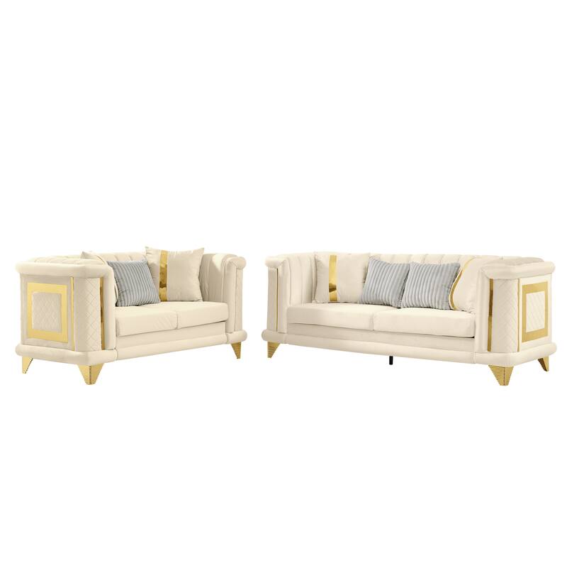 2PCS Velvet Sofa Set with Gold Trims and Embroidered Texture, Mid Century Modern Victorian Couch for Living Room, Beige