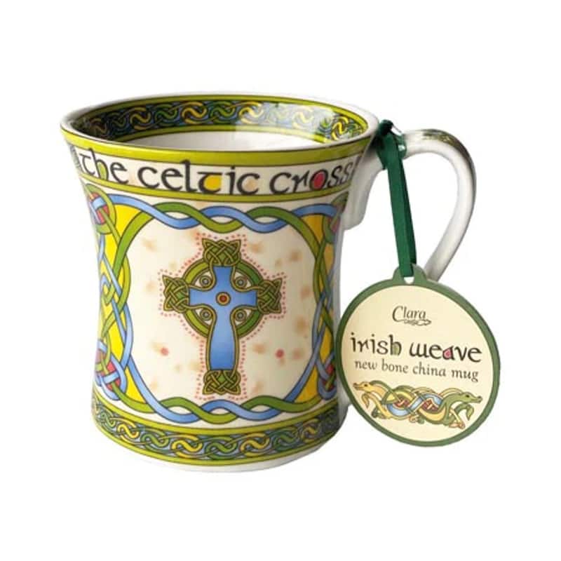 11oz Irish Bone China Tea Mug with Celtic High Cross Symbol and Traditional Celtic Knot Details
