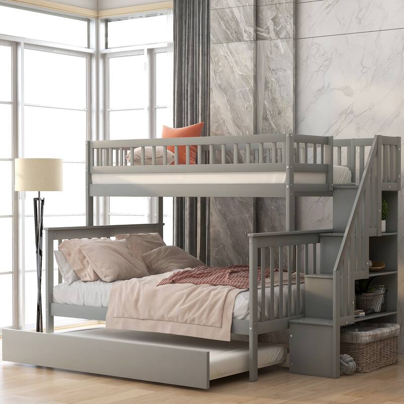 Space-Saving Twin over Full Bunk Bed with Trundle, Staircase & Storage, Gray - Gray