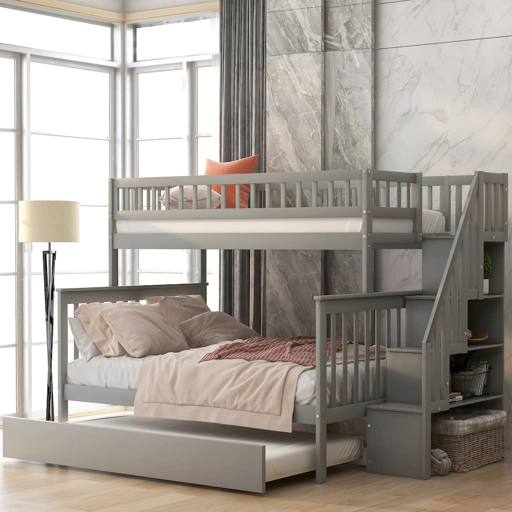 Stairway Twin Over Full Bunk Bed with Trundle and Guardrail