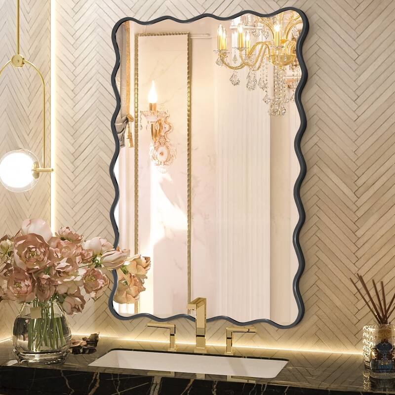 Rectangle Metal Framed Wavy Wall Mirror - 24x36 - Black