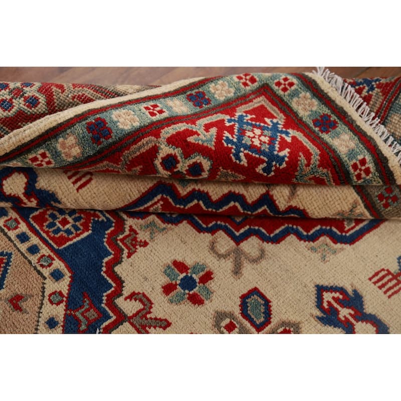 Ivory Geometric Kazak Foyer Rug Handmade Traditional Wool Carpet - 4'1" x 6'0"