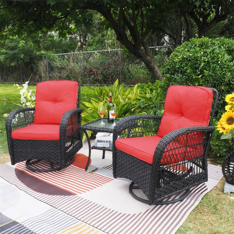 360-Degree Patio Wicker Swivel Rocker Chairs Set,w/Cushions and Table