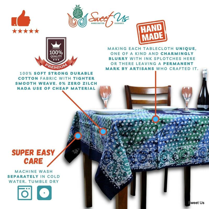 Cotton Batik Print Floral Tablecloth Rectangle - 58 x 90 in - Blue