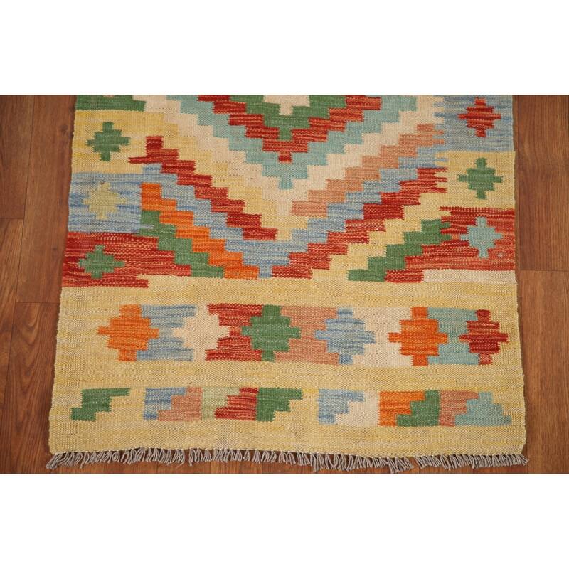 Colorful Geometric Kilim Runner Rug Hand-woven Wool Carpet - 2'5"x 16'5"