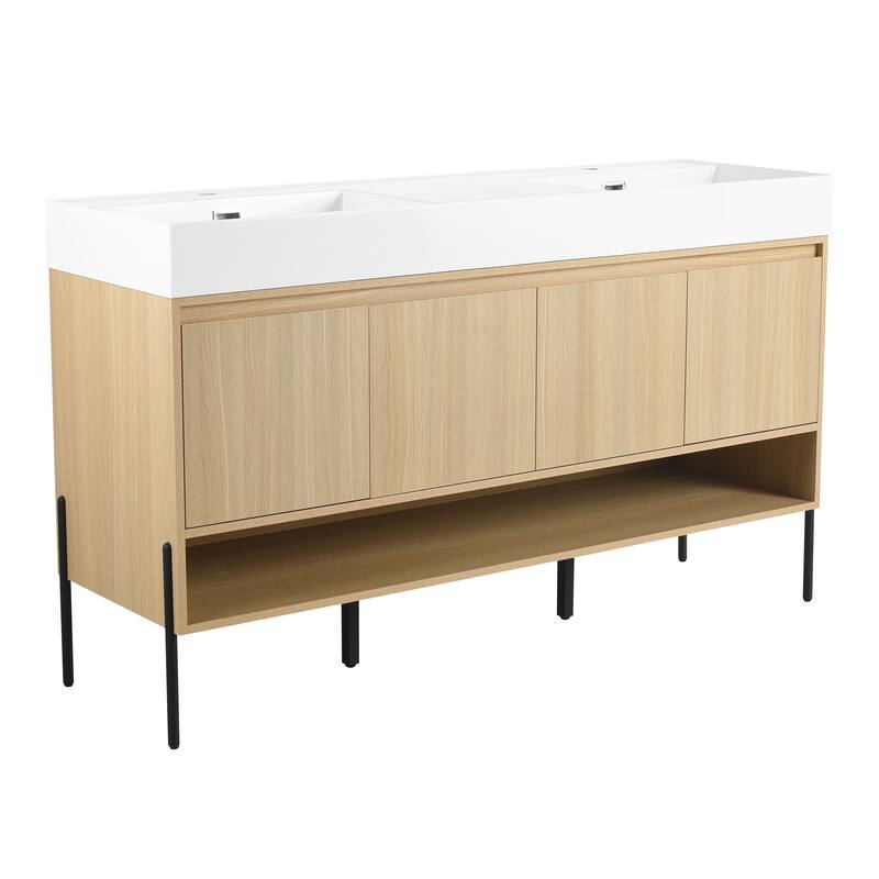 GDFStudio - Sydney Modern Freestanding Bathroom Vanity Cabinet with Double Resin Sink & 4-Soft Closing Doors - 60"