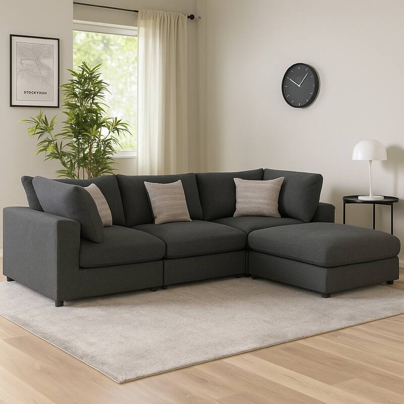 Serena 4pc Modular Sectional Sofa, Ottoman, 3 Pillows, Gray Jacquard