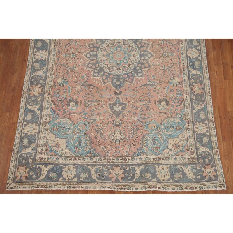 Hand Knotted Oriental 100% Wool Carpet Traditional Floral Pink Tabriz Area Rug - 9' 5'' X 6' 4''