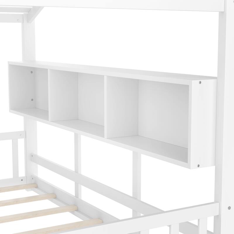 Twin Size Floor House Bed for Kids with Storage Shelf and Roof Design, White