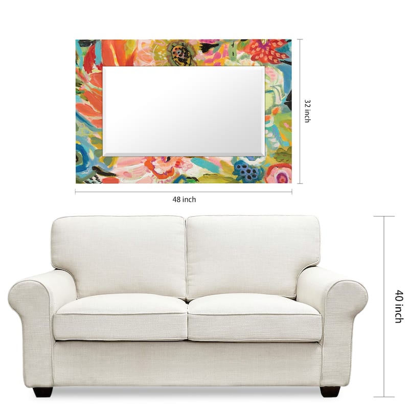 "Secret Garden Floral III" Rectangular Beveled Mirror on Free Floating Reverse Printed Tempered Art Glass - 48" x 32"