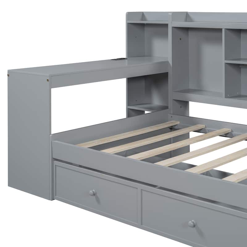 Gray Twin Size Wooden Daybed with Three Drawers, USB Ports, and Desk