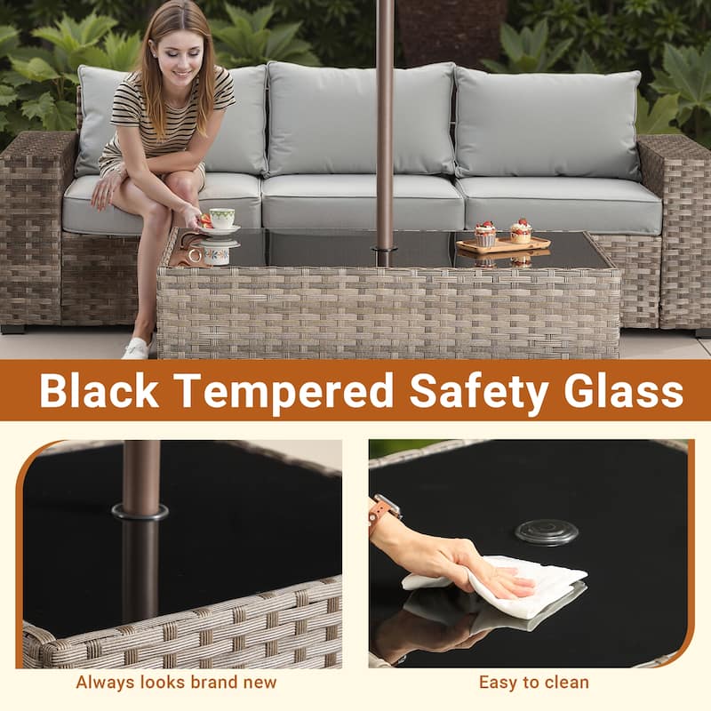 XIZZI Outdoor Wicker Coffee Table with Umbrella Hole for Garden Deck or Poolside