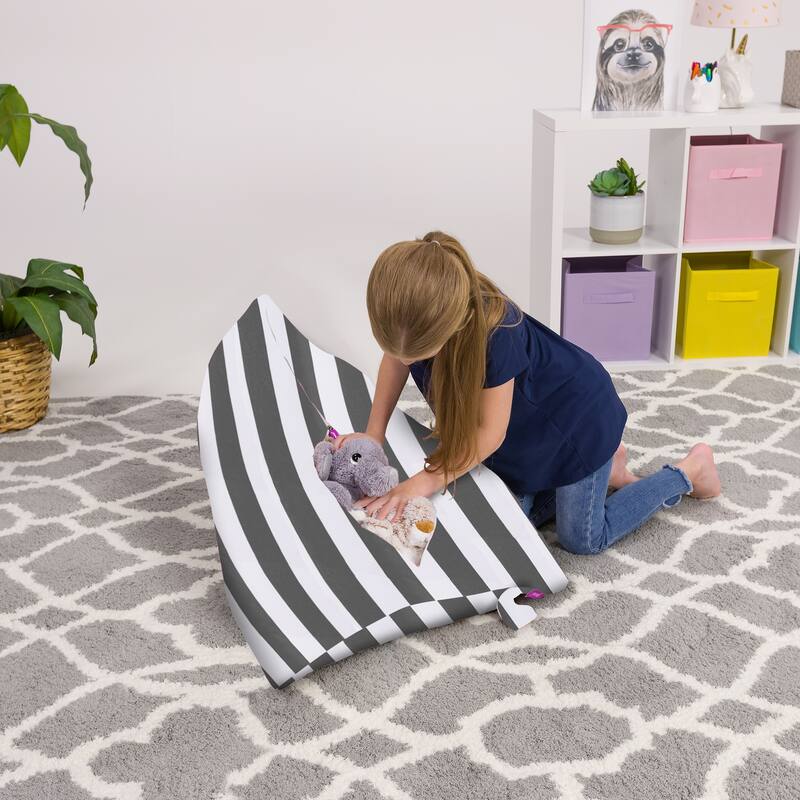Stuffie Animal Storage Bean Bag Chair Cover, Room Organizer - 100 Liter Capacity Medium - Canvas Stripes Gray and White
