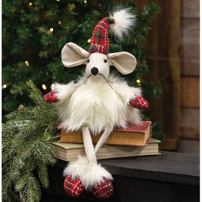 Nordic Christmas Plush Mouse Decoration with Long Dangle Legs for Shelf or Table Accent - 19" H x 5" Dia